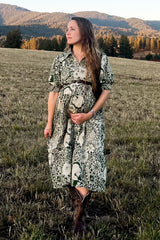 Olive Floral Collared Tiered Maternity Midi Dress