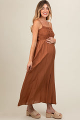 Rust Smocked Cutout Lace Up Back Maternity Maxi Dress