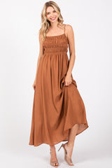 Rust Smocked Cutout Lace Up Back Maternity Maxi Dress