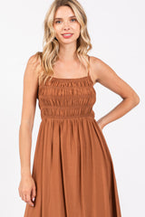 Rust Smocked Cutout Lace Up Back Maxi Dress