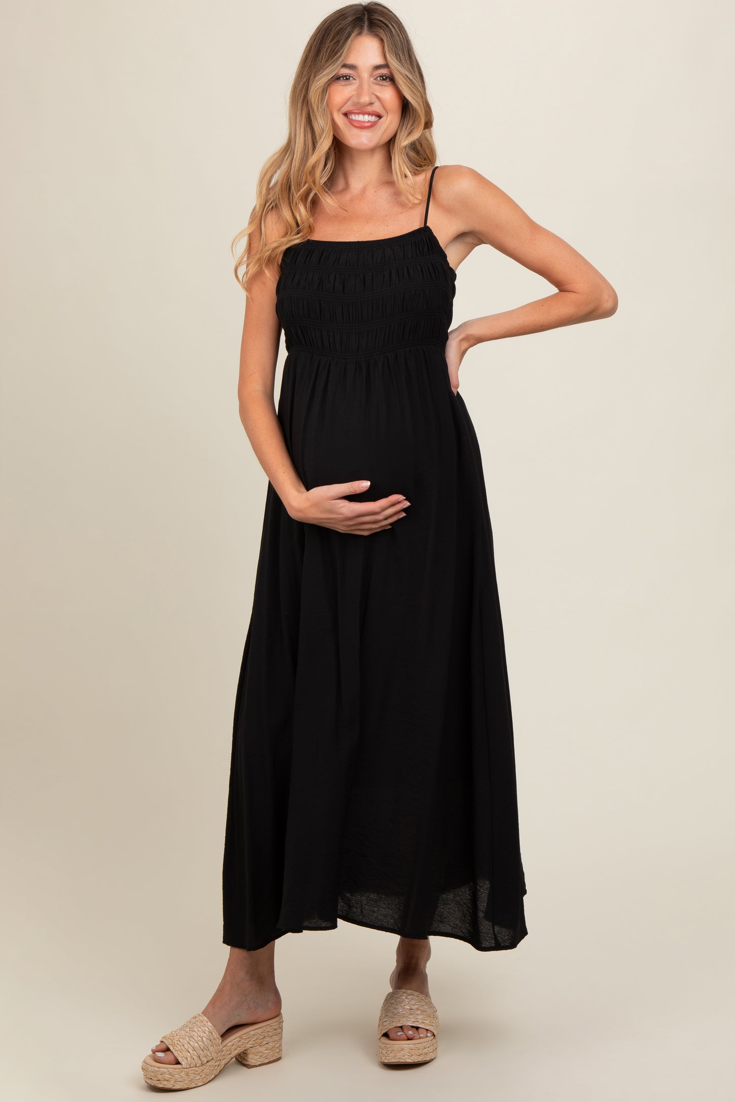 Black Smocked Cutout Lace Up Back Maternity Maxi Dress