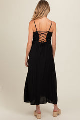 Black Smocked Cutout Lace Up Back Maternity Maxi Dress