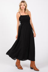 Black Smocked Cutout Lace Up Back Maxi Dress