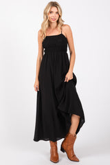 Black Smocked Cutout Lace Up Back Maxi Dress