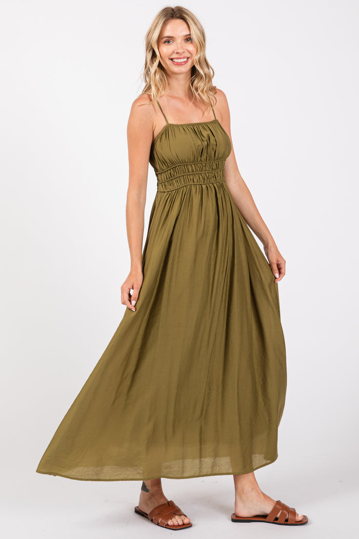 Olive Sleeveless Square Neckline Maxi Dress