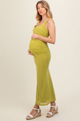 Light Olive Ruched Maternity Maxi Dress