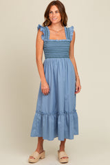 Blue Contrast Stitch Smocked Ruffle Strap Midi Dress