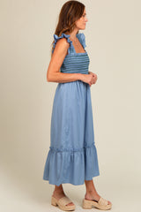 Blue Contrast Stitch Smocked Ruffle Strap Midi Dress