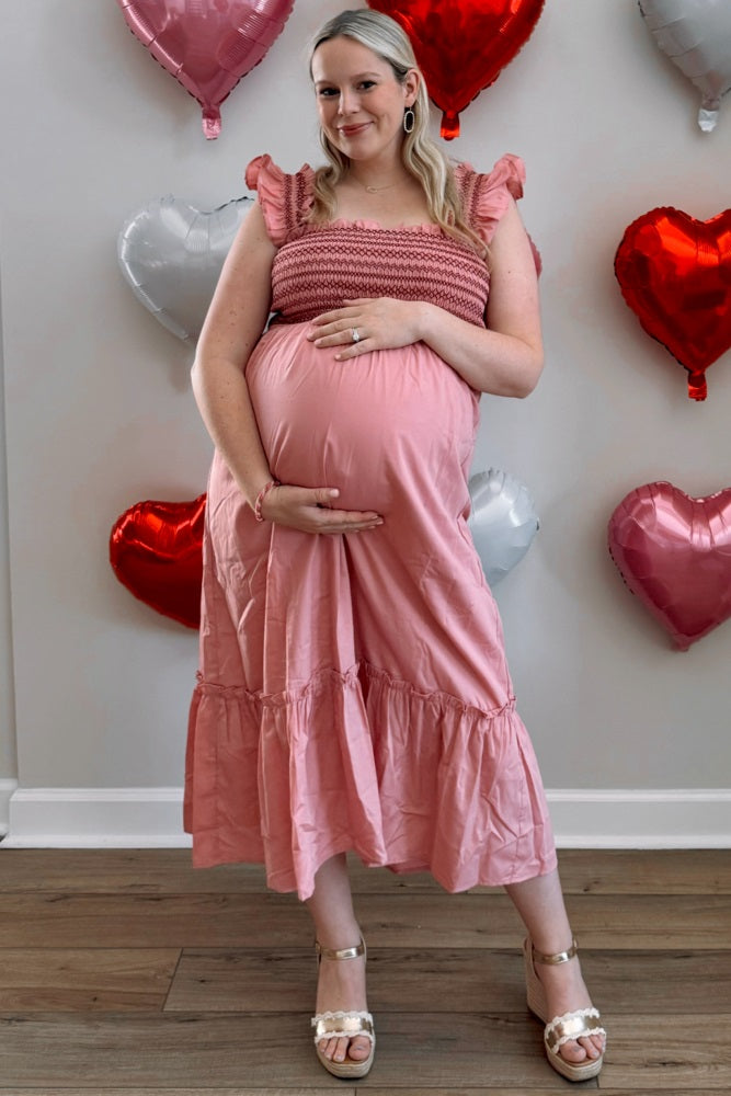 Mauve Contrast Stitch Smocked Ruffle Strap Maternity Midi Dress