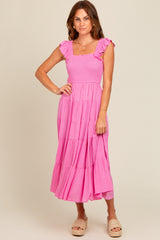 Fuchsia Smocked Tiered Ruffle Strap Maternity Midi Dress