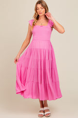 Fuchsia Smocked Tiered Ruffle Strap Maternity Midi Dress