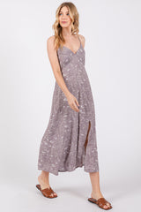 Lavender Floral V-Neck Side Slit aMidi Dress