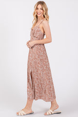 Mocha Floral V-Neck Side Slit Midi Dress