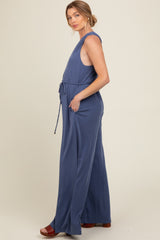 Blue Racerback Wide Leg Maternity Jumpsuit