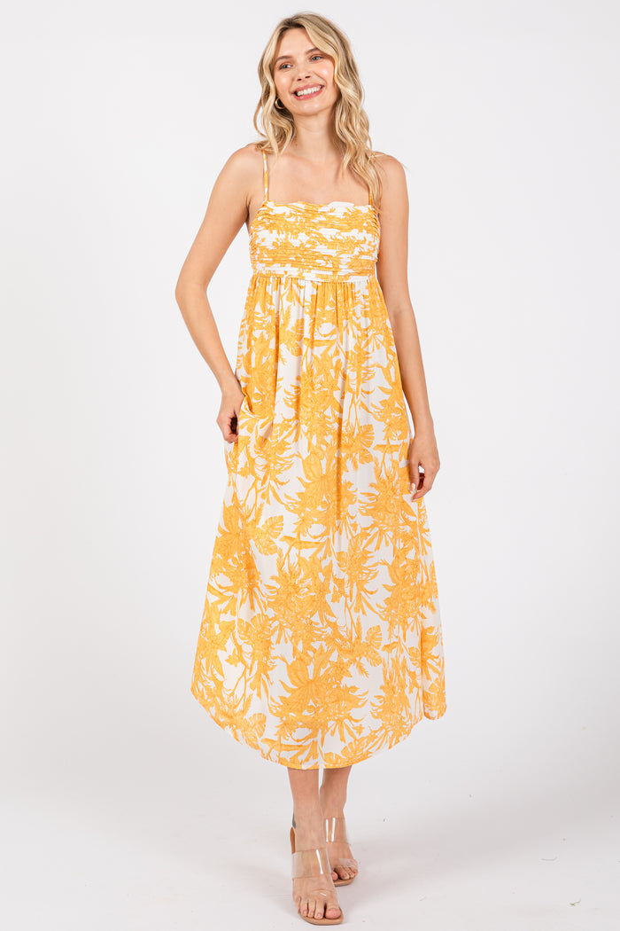 Yellow Floral Pleated Front Back Cut-Out Midi Dress