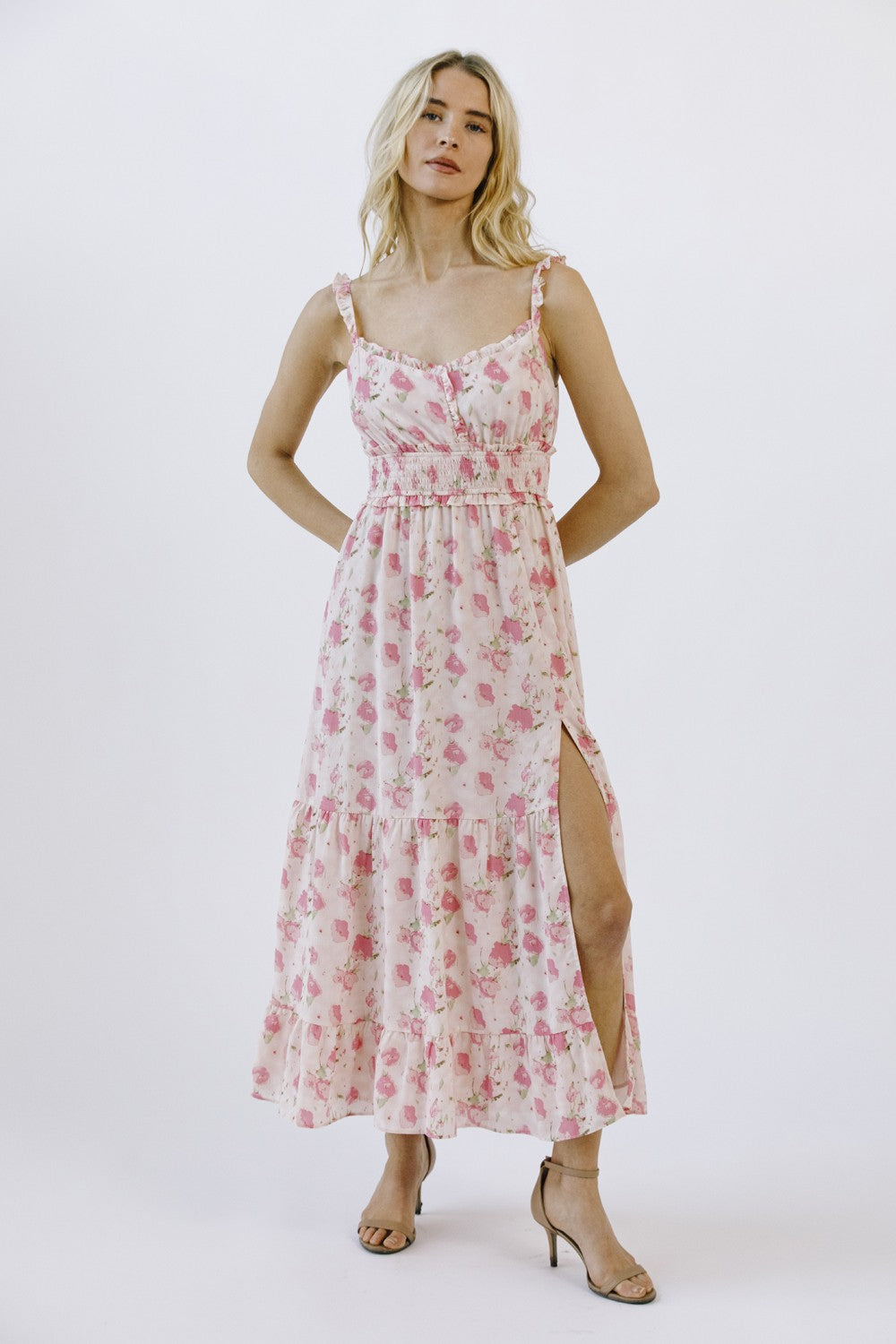 Pink Floral Print Ruffled Midi Dress