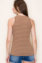 Camel Striped Rib Knit Tank Top