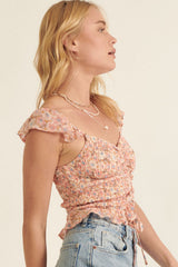 Peach Floral Sweetheart Smocked Ruched Ruffle Top