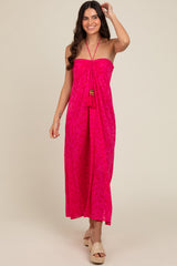 Fuchsia Paisley Print Halter Maternity Midi Dress