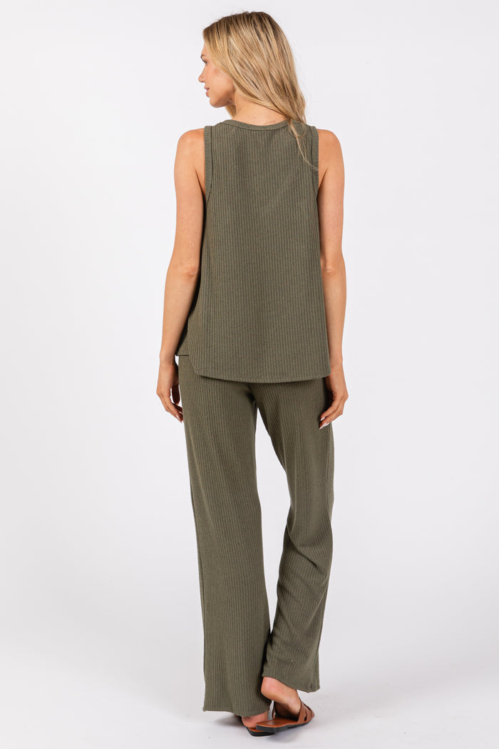 Olive Rib Knit Tank and Pant Set
