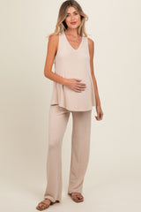 Beige Rib Knit Tank and Pant Maternity Set