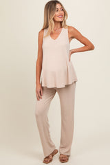 Beige Rib Knit Tank and Pant Maternity Set