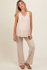 Beige Rib Knit Tank and Pant Maternity Set