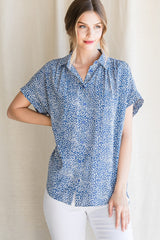 Blue Print Collared Button Up Maternity Top