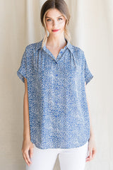 Blue Print Collared Button Up Top