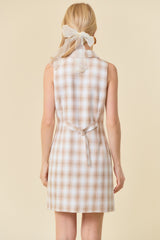 Light Beige Collared V-Neck Plaid Tailored Mini Dress