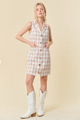 Light Beige Collared V-Neck Plaid Tailored Mini Dress