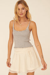 Heather Grey Ribbed Knit Square Neck Lettuce Edge Cami Top