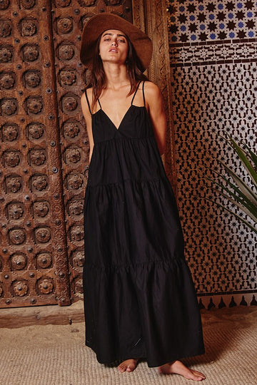 Black Strappy Tiered Poplin Maxi Dress