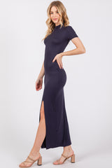 Navy Mock Neck Front Slit Short Sleeve Maxi Dress