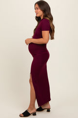 Burgundy Mock Neck Front Slit Short Sleeve Maternity Maxi Dress