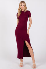 Burgundy Mock Neck Front Slit Short Sleeve Maxi Dress