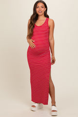 Red Striped Side Slit Maternity Maxi Dress