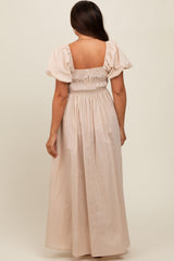 Cream Puff Sleeve Smocked Maternity Maxi Dress