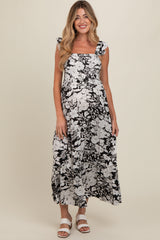 Black Floral Smocked Tiered Maternity Maxi Dress