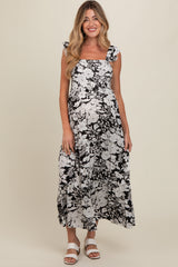 Black Floral Smocked Tiered Maternity Maxi Dress