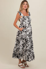 Black Floral Smocked Tiered Maternity Maxi Dress