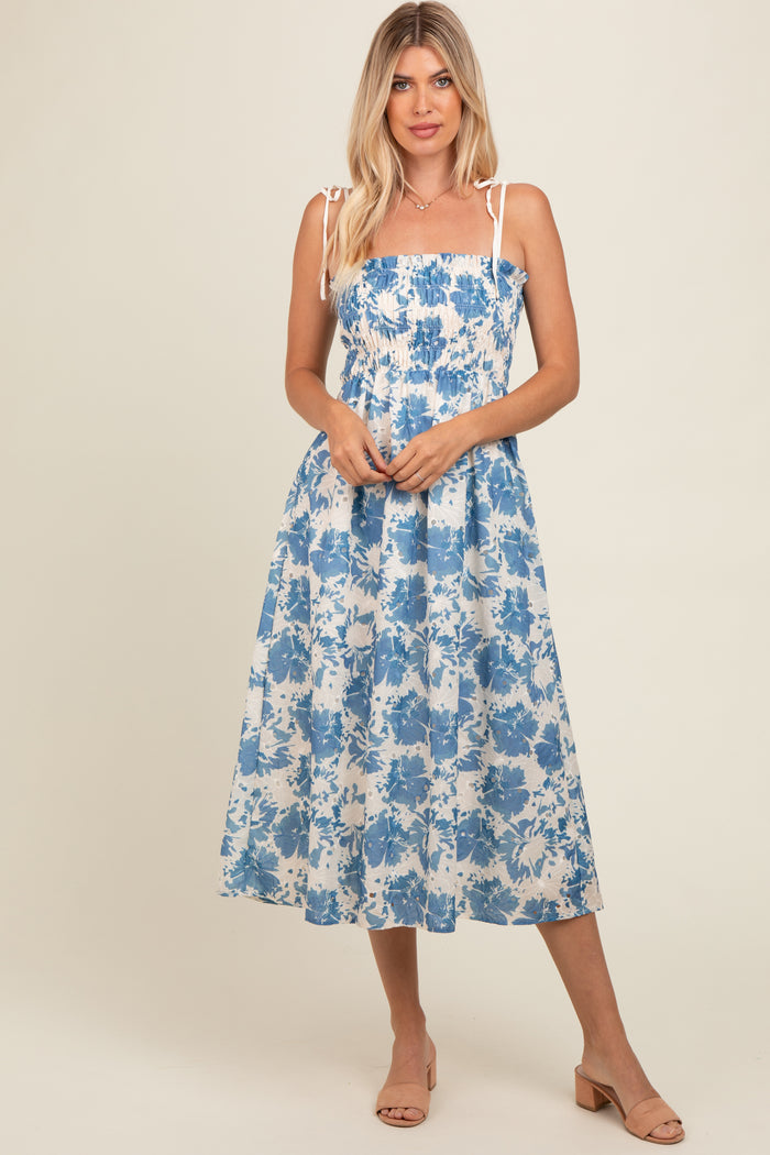 Cream Floral Smocked Midi Dress