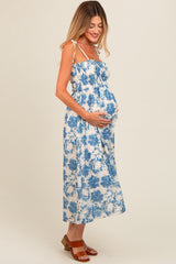 Cream Floral Smocked Maternity Midi Dress