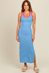 Light Blue Colorblock Side Slit Maxi Dress