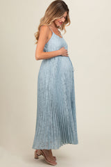 Light Blue Floral Pleated Maternity Maxi Dress