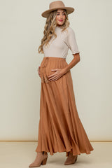 Beige Lettuce Trim Mock Neck Maternity Top