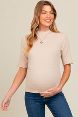 Beige Lettuce Trim Mock Neck Maternity Top