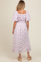 Lavender Floral Puff Sleeve Maternity Midi Dress