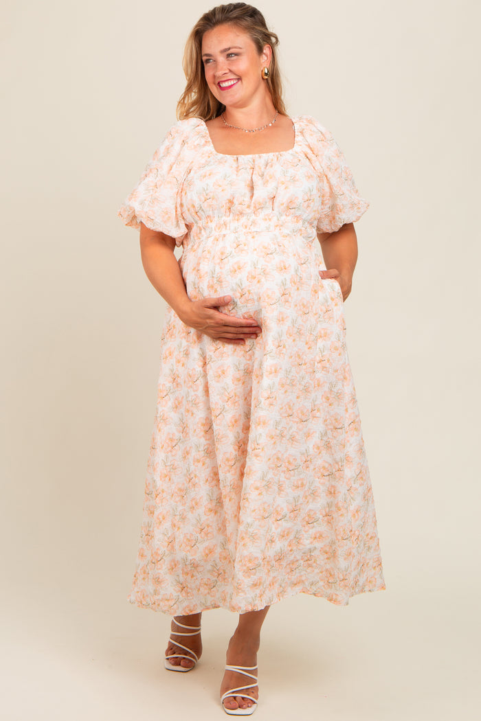 Peach Floral Puff Sleeve Maternity Plus Midi Dress