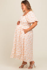 Peach Floral Puff Sleeve Maternity Plus Midi Dress